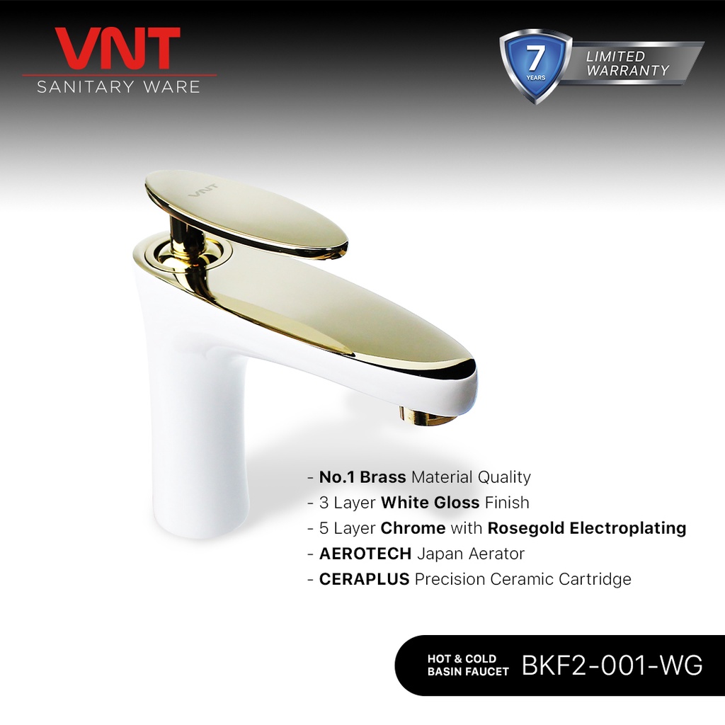 VNT Kran Wastafel Panas Dingin BKF2-001-WG White Rose Gold Basin Mixer Keran Washtafel