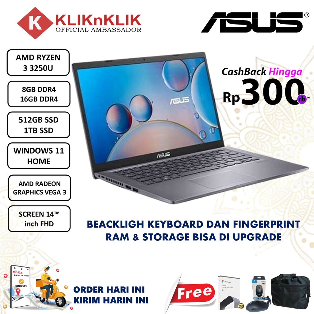 Laptop Desain Asus Vivobook M415DAO Ryzen 3 3250U 16GB 1TB SSD Vega 3 FHD Windows 11 Home terlaris