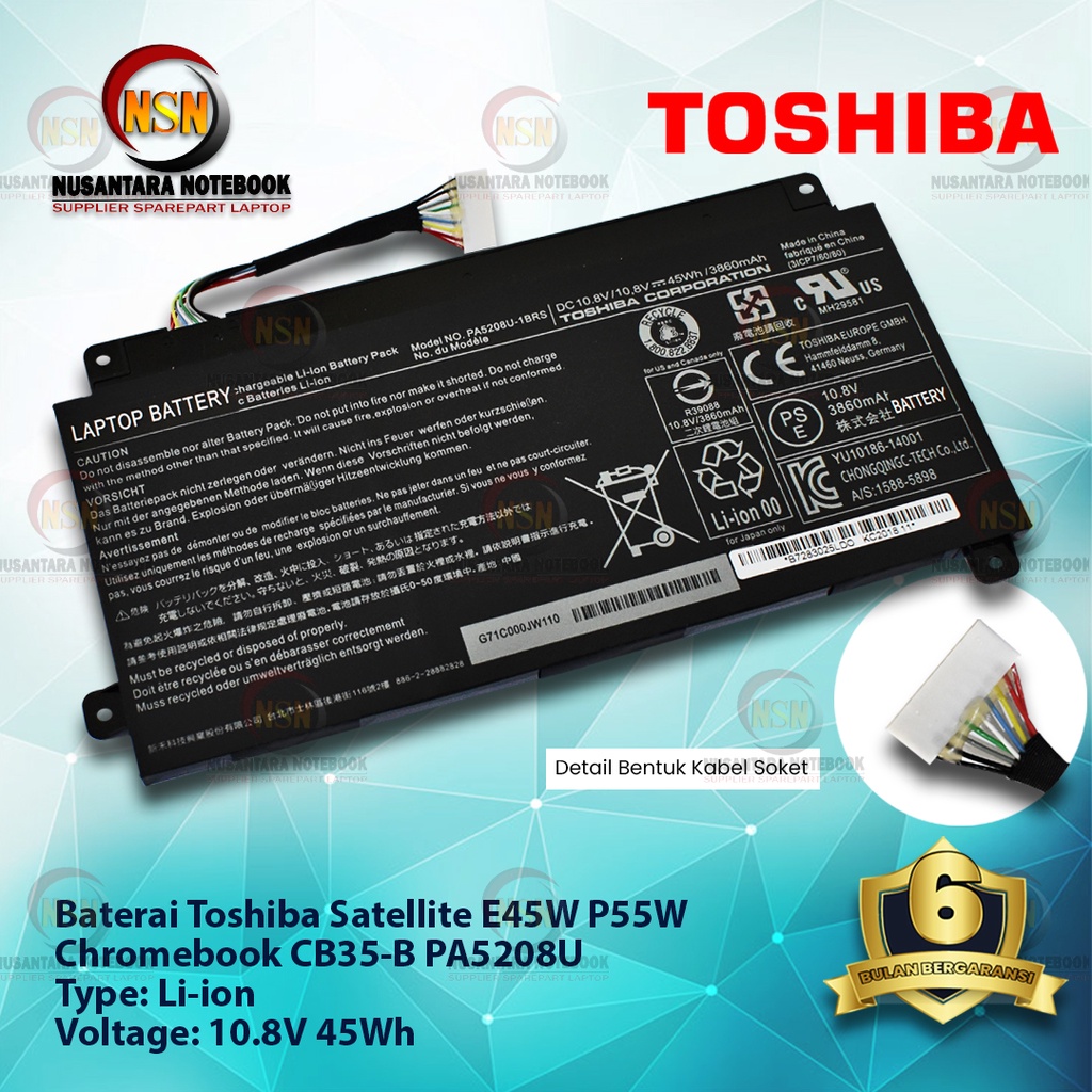 Baterai Original Laptop Toshiba Satellite E45W P55W Chromebook CB35-B PA5208U 10.8V 45Wh