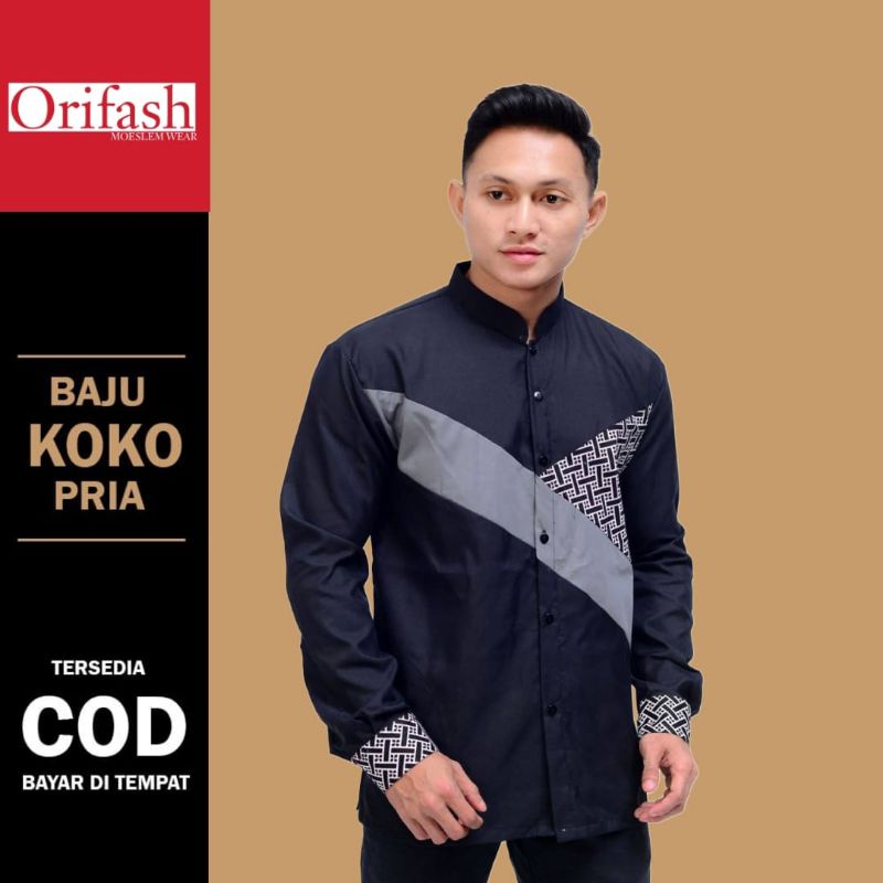 Baju muslim pria lengan panjang kombinasi batik koko pria terbaru material catton halus tebal size M L XL