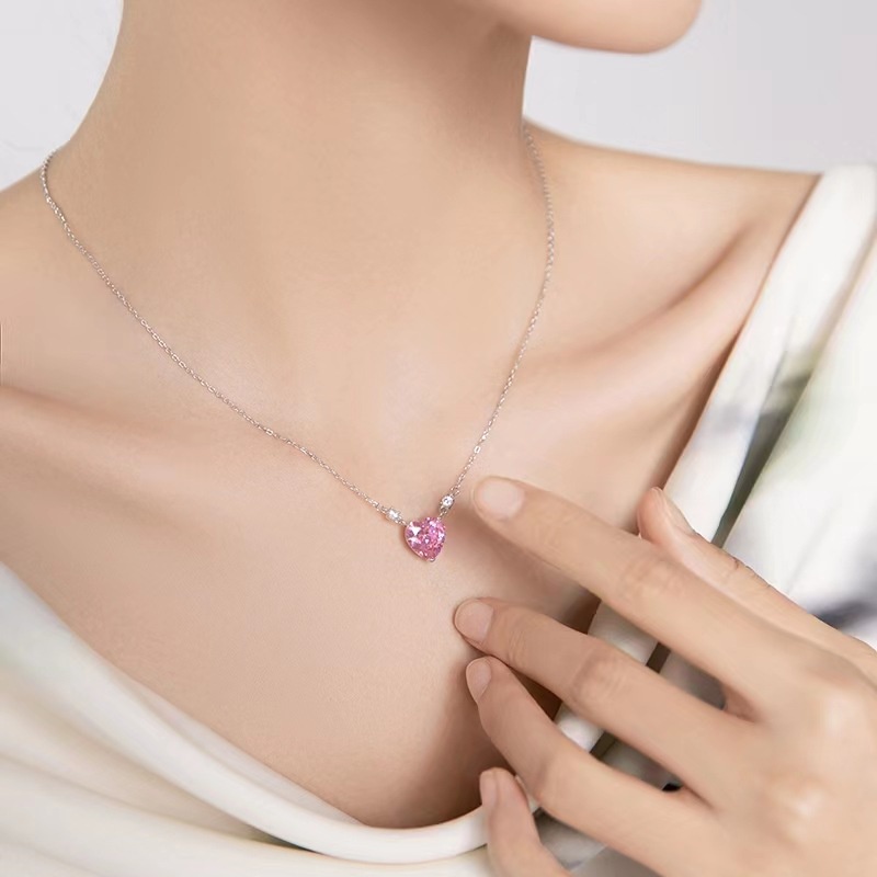 Pandora Kalung925 Perak Pink Cubic Zirconia Berlian Hati Liontin Kalung Wanita Fashion Perhiasan Aksesoris