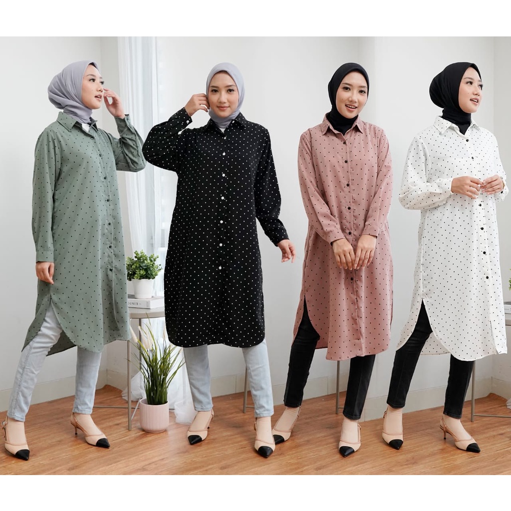 LONG TUNIK POLKADOT KECIL WANITA KEKINIAN/TUNIK BUSUI KAKI BULAT