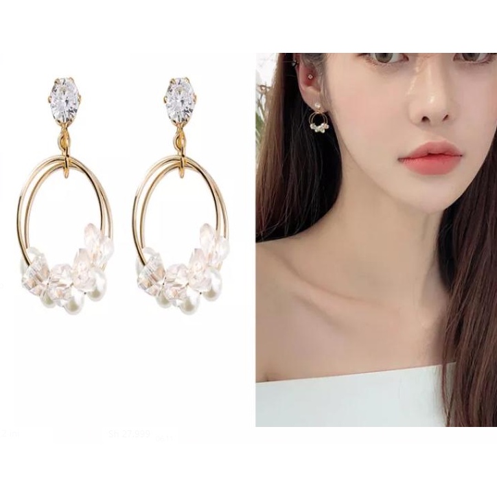 Anting perak jarum kristal mutiara model korea