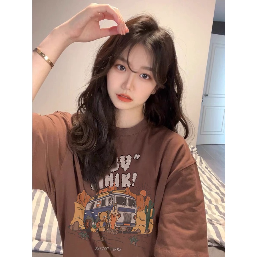 100% Katun Graphic Tee Baju Wanita Cartoon Cute Bear and Letter Atasan Wanita Oversize Kaos Putih T-shirt Couple Korean Style