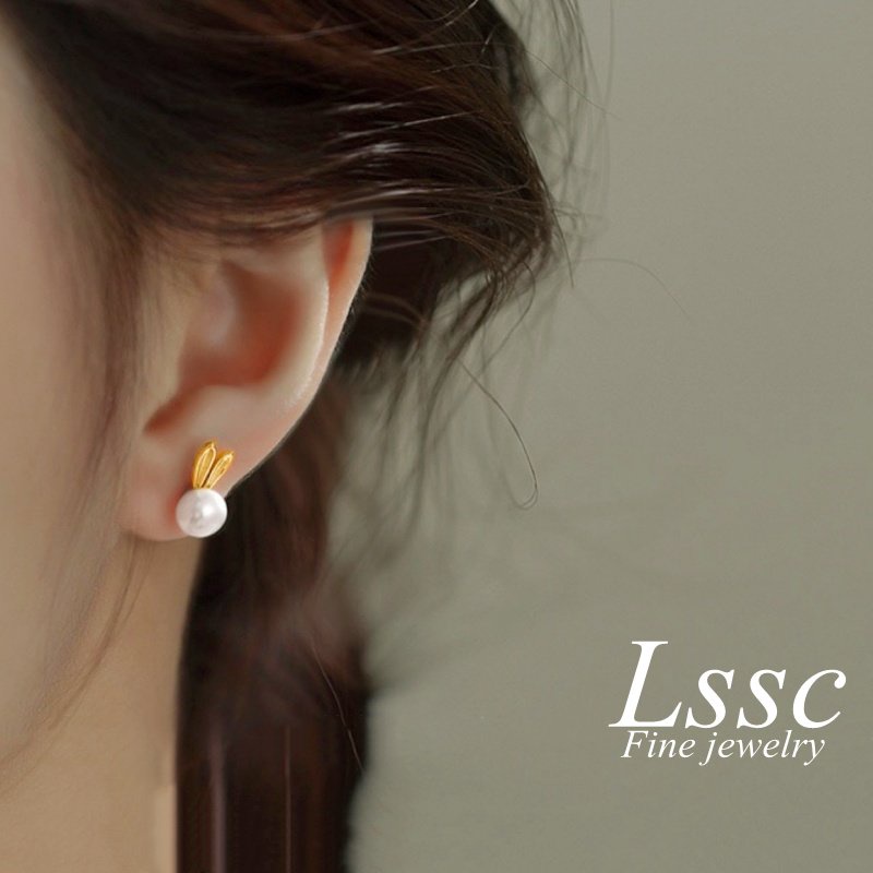 Anting Titanium Mutiara Kelinci Lucu Emas 18K Anti Karat Aksesoris Wanita Fashion Korea