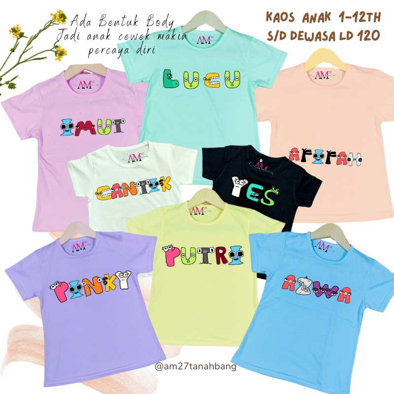 CUSTOM NAMA dengan Huruf Alphabet Lore - KAOS Anak 1 tahun sampai Dewasa Jumbo 3-6H