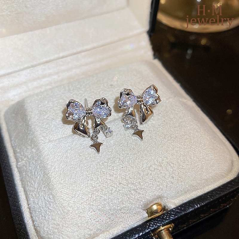 Starry Bright Bow AAA Zircon Stud Earrings Anting Gaya Keren Manis