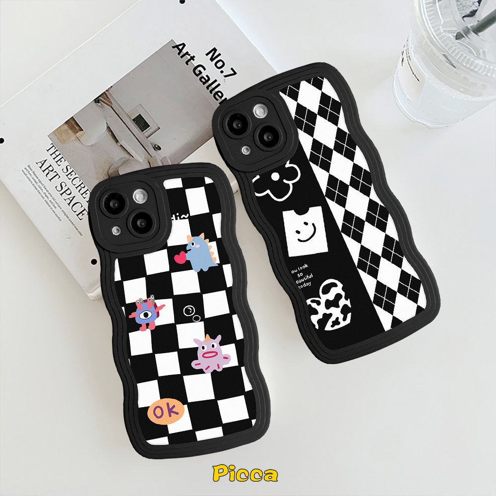 Couple Case Realme C53 C33 C15 C25 C25Y C30 C35 C17 C21Y C12 C11 C25s C20 C20A 9 9Pro+ 9i 8i 8Pro 7 C3 7i 5i 6i 5kotak Diamond Grid Hitam Dan Putih Little Monster Wavy Edge Soft Case