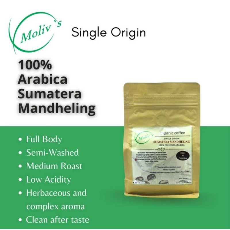 

Kopi Arabica Organik Sumatera Mandheling Moliv's 200gr | 100% Premium Arabica Organic Coffee | Sumatera Mandheling Coffee | Bubuk kopi arabica 200gr | Biji Kopi Arabica