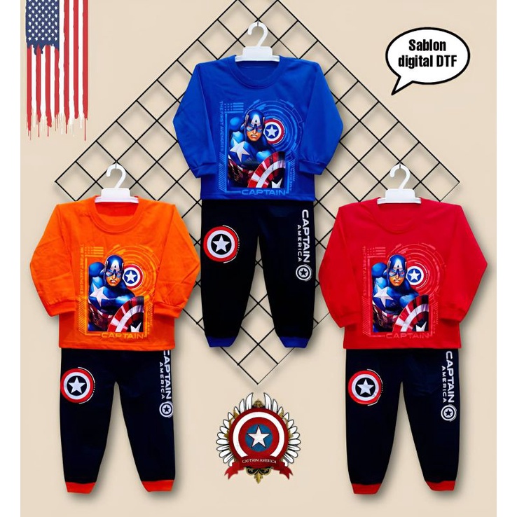 SETELAN PANJANG ANAK CAPTAIN AMERICA/PIYAMA ANAK CAPTAIN AMERICA SABLONAN DTF KEREN USIA 1-10THN