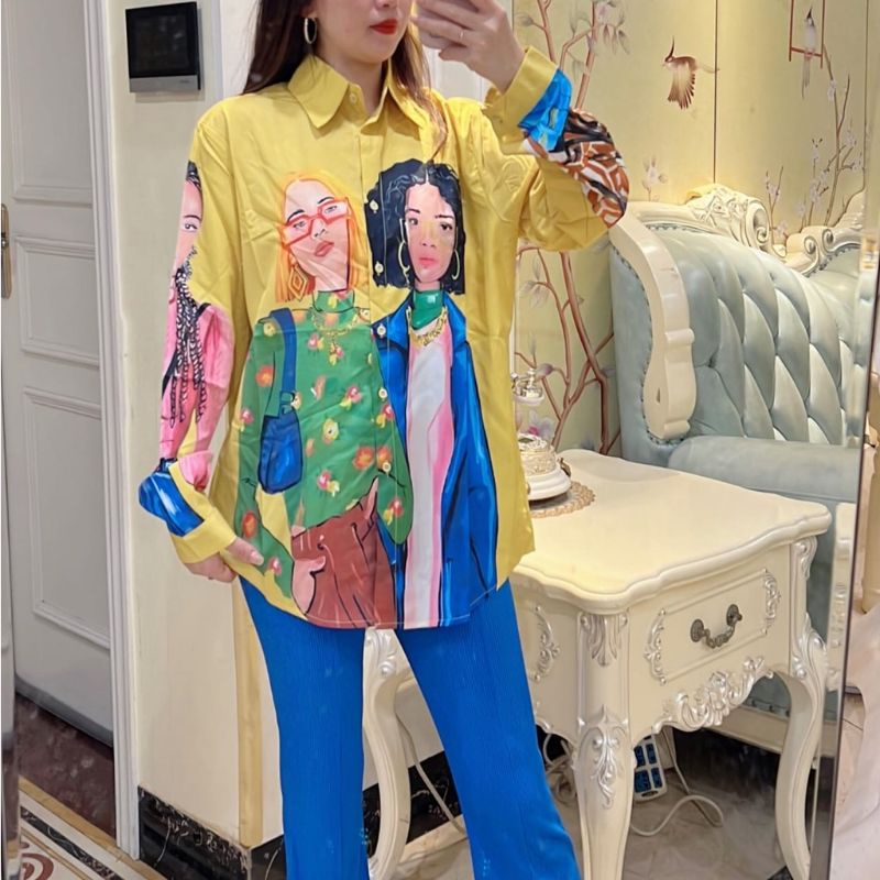 5619 Baju blus blouse kemeja lengan panjang motif gambar lucu unik gaya Korea kekinian import wanita