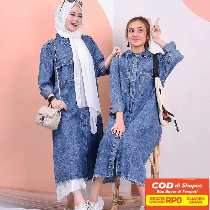 COD Baju Atasan Wanita Tunik Long Jeans Terbaru Ld 110/Outer Denim Tunik Rawis Jumbo Busui