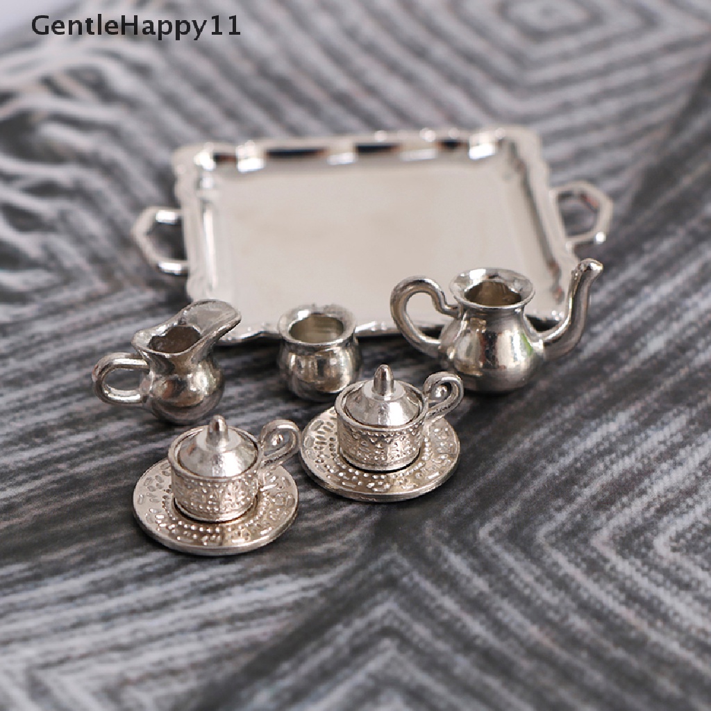 GentleHappy 10pcs 1/12 Dollhouse Miniature Silver Metal Tea Coffee Tray Tableware Set id