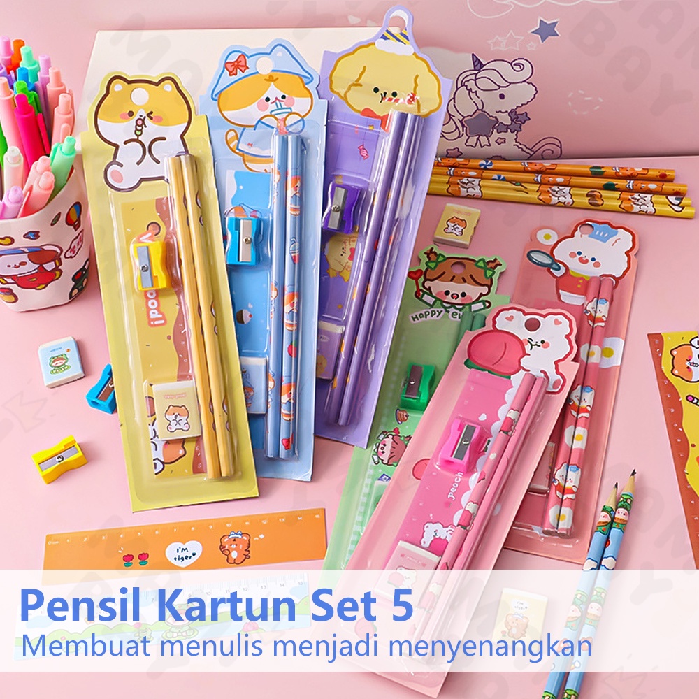 Mamibayi Pensil Set Penghapus Alat Tulis Anak Rautan pensil Stationery Set 5 in 1