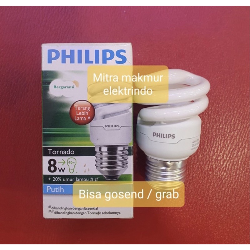 lampu philips tornado 8w e27 putih / lampu philips tornado 8watt energy saver