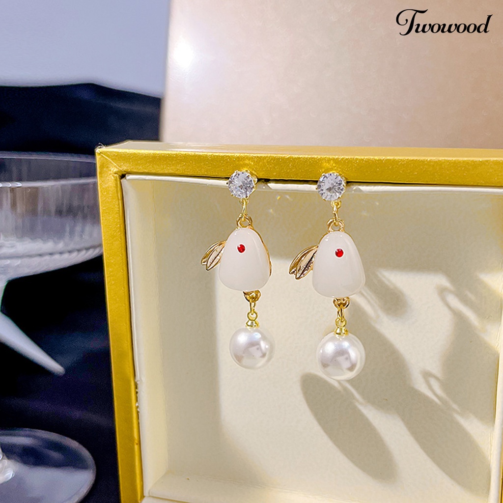 Twowood 1pasang Anting Tusuk Wanita Realistis Tidak Alergi Faux Pearl Bunny Drop Earrings Untuk Pacaran