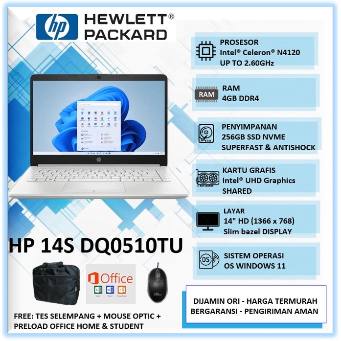 Laptop Anak Sekolah Kuliah Murah Slim HP 14s DQ0510TU Intel Celeron N4120 Ram 4GB SSD 256GB 14" Wind