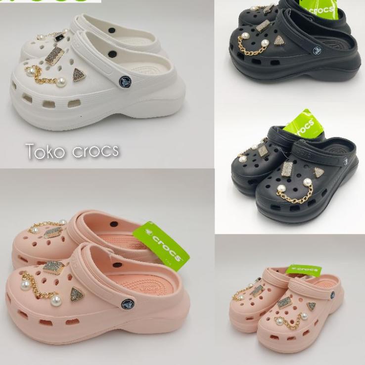 Siap Kirim Crocs Bae Fashion mutiara / Sandal wanita Crocs Bae free jibitz fashion mutiara rante