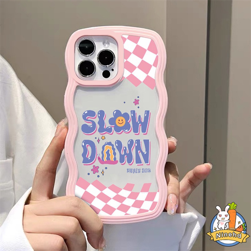 IPHONE Casing Kompatibel Untuk Iphone14 13 12 11 Pro Max X Xr Xs Max8 7 6 6s Plus Kreatif Premium Pink Kotak-Kotak Pola Kata Bingkai Bergelombang Casing Ponsel Silikon Bening Soft Case Cover Pelindung