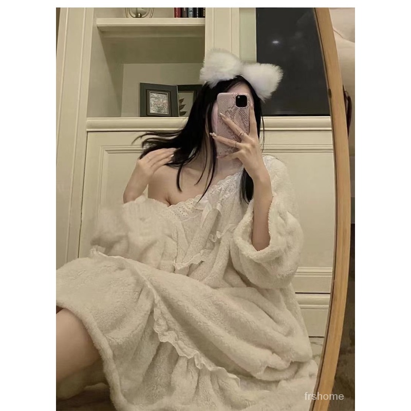 Busur dasi koral beludru piyama wanita musim dingin 2022 baju tidur panjang flanel manis baru yang d