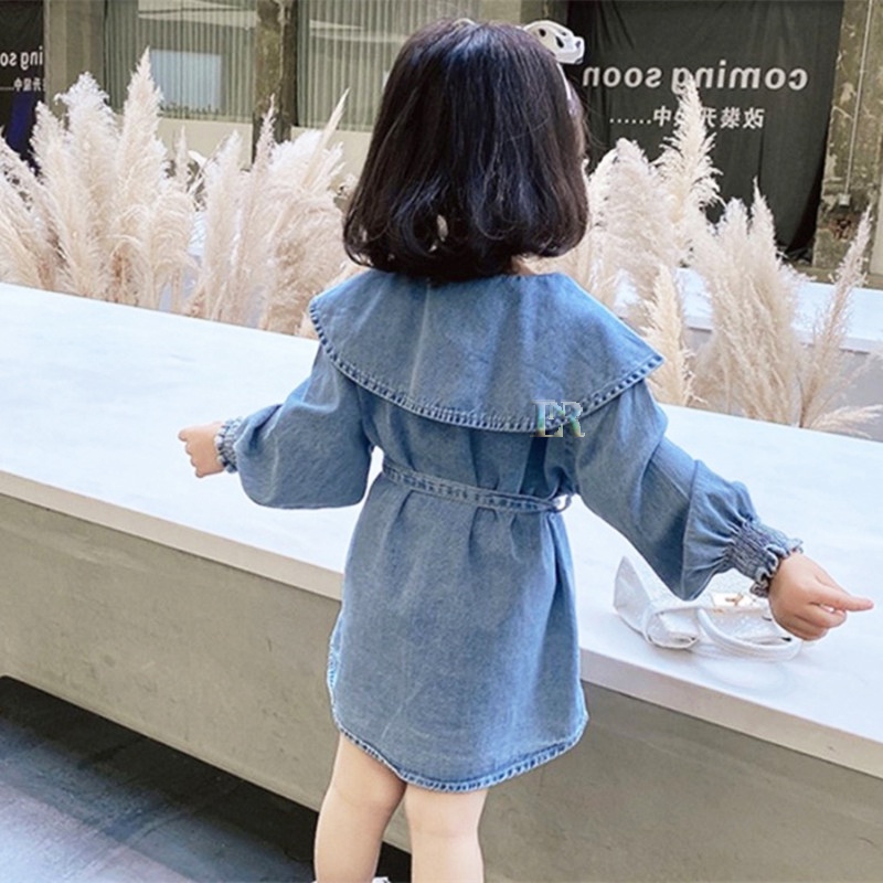 LNR Shop Dress Jeans Musim Semi Untuk Anak Perempuan Gaya Casual Gaun Kemeja Blouse Lengan Panjang 1 Sampai 10 Tahun Musim Gugur Gaun Jeans Anak-anak Perempuan Pakaian Denim Gadis Remaja Gaun Anak Perempuan Midi Dress Selutut