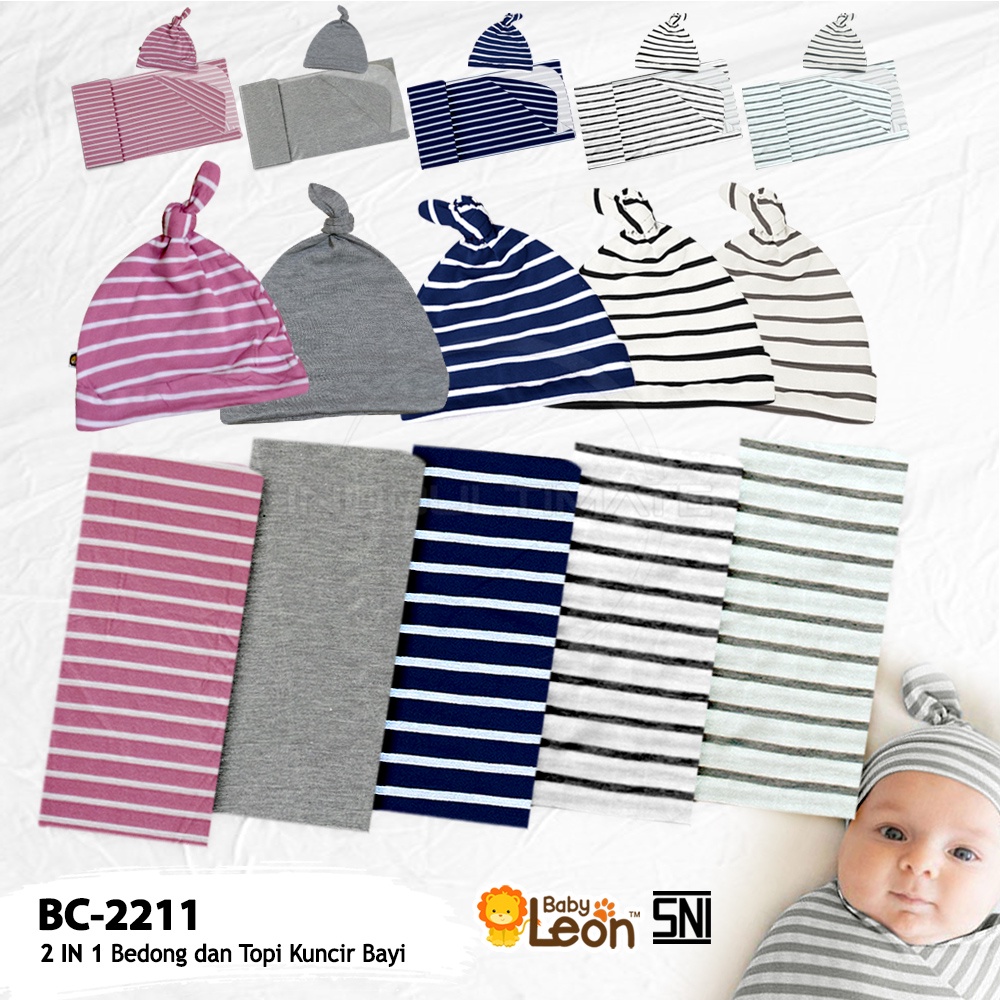 2in1 BABY LEON Bedong Bayi + Topi Kupluk Bayi  Perlengkapan bayi baru lahir BC-2211 Kain Selimut Bayi Kain Bedongan bayi Alas Tidur Bayi Selimut Tidur Bayi Baby Hat Topi Kuncir Bayi Perlengkapan Baby Newborn