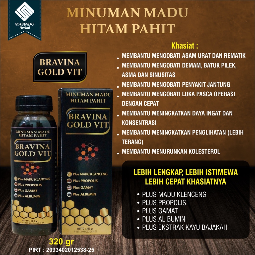 

Minuman Madu Pahit BRAVINA GOLD VIT Netto 320gr Madu Spesial