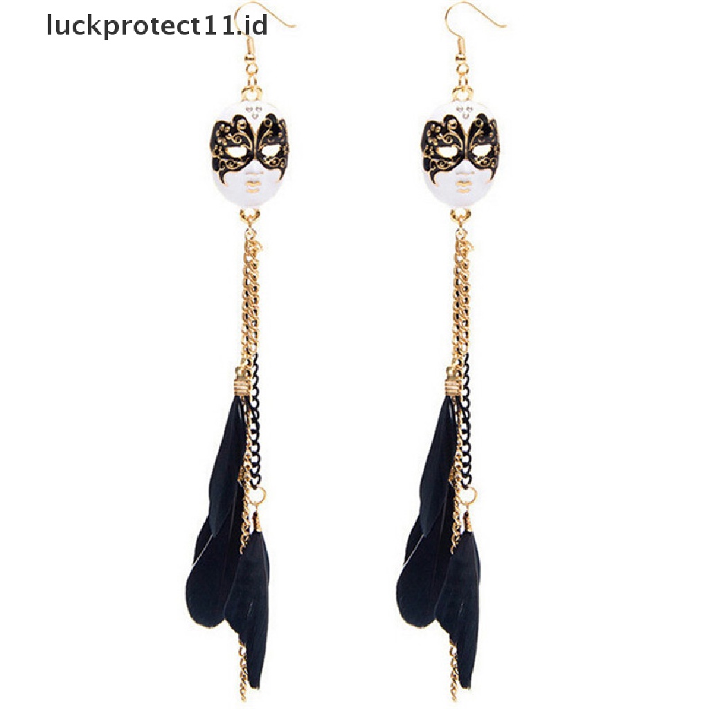 /Fashion Hot// Fashion// Vintage Baroque Chain Feather Tassel Chain Mask Anting Panjang Drop Untuk Wanita.