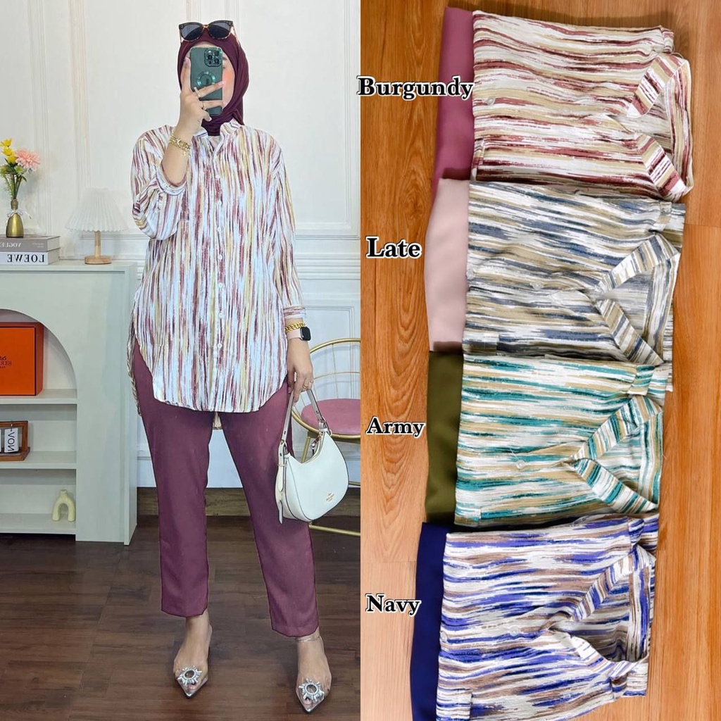 SETELAN WANITA NAIRA SHAKILA TWILL ATASAN KEMEJA FULL KANCING CELANA KULOT ALL SIZE