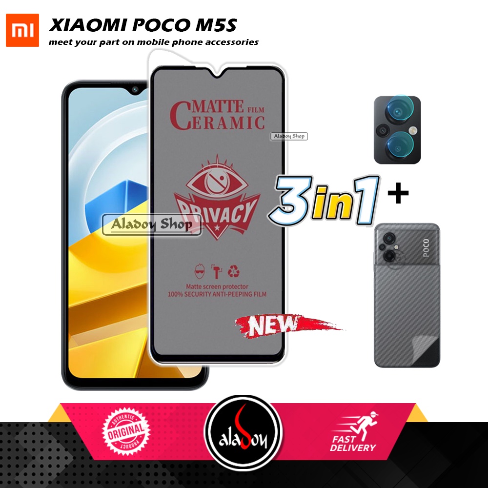 Tempered Glass Anti SPY Xiaomi Poco M5 Anti Gores Privacy + Tempered Glass kamera dan Skin Carbon