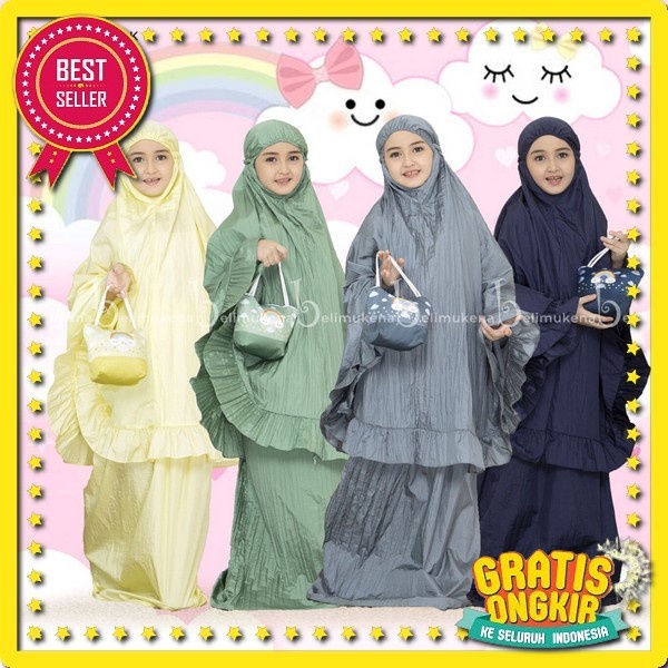 Mukena Anak Pompom Polos Tas Ransel Gendong | Mukena Anak Umur 2-12 Tahun | Mukena Arsalan Mukena An