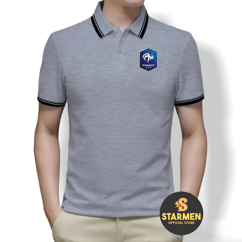 Kaos Polo Shirt Pria Kerah List Putih logo FRANCE