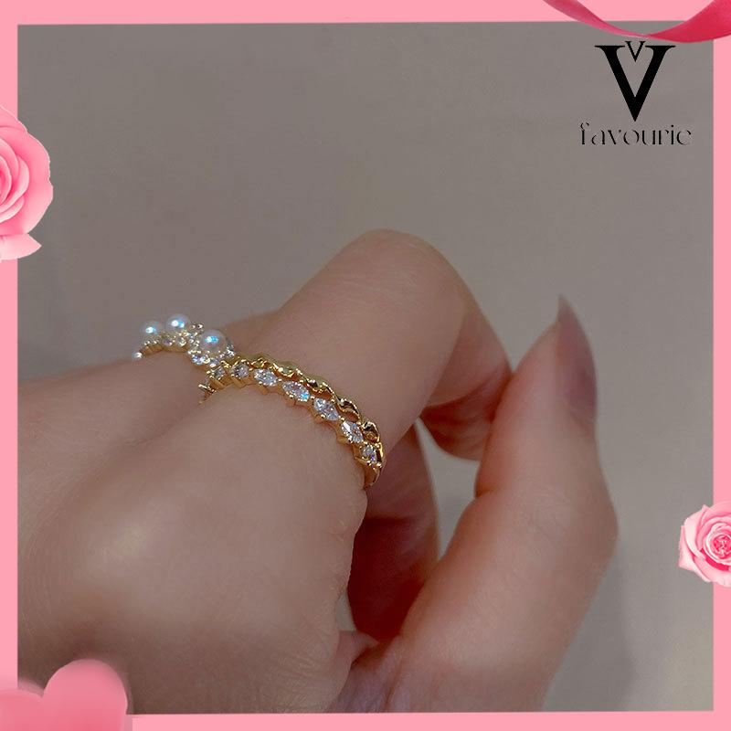 CODDouble-layer Retro Pearl Diamond Ring Niche Light Desain Mewah Cincin Dapat Disesuaikan Terbuka-FA