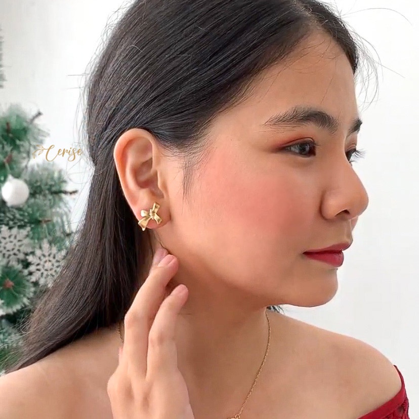 Noelle Earrings | Anting tusuk pita korea emas cantik aksesoris wanita trendy stylish