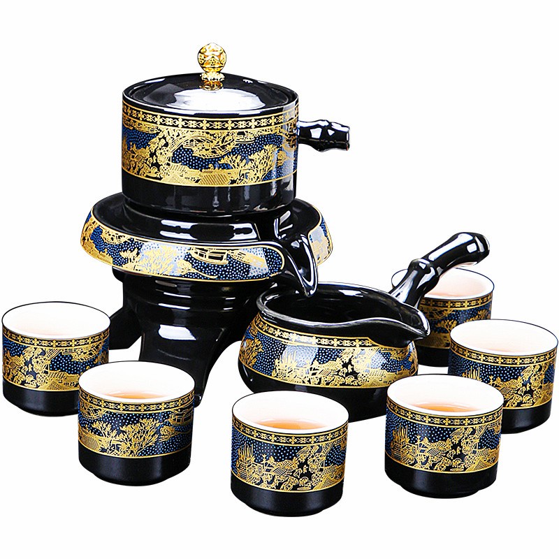 Chines Tea Pot Set Ceramic Porcelain Rotating Mill Tea Set 9in1