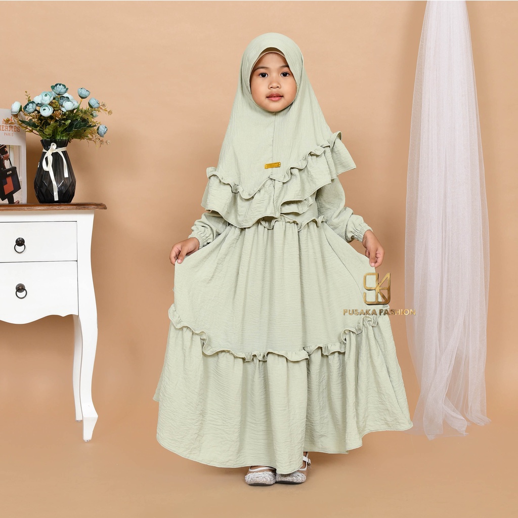 JIIRA baju gamis syari anak perempuan cringkle fashion muslim terbaru  FREE hijab khimar modern dres stelan kerudung serut susun 4 - 9 tahun manasik mengaji maulid nabi warna putih tulang hitam bata lilac lemon pink fuchia moca sagr green olive kekinian