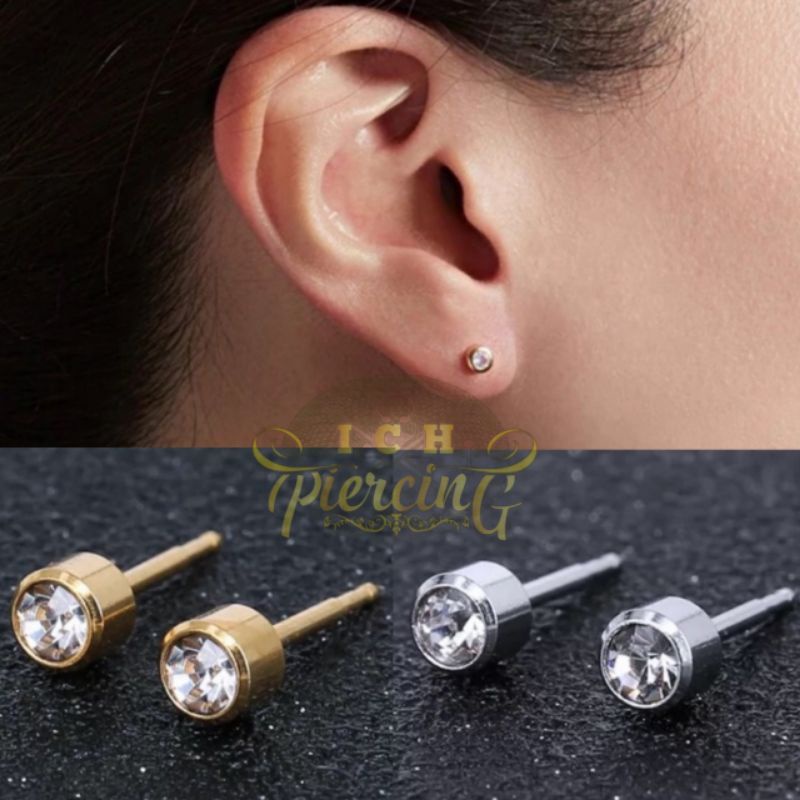 satu pasang anting tusuk permata titanium steel / anting tusuk pria wanita /