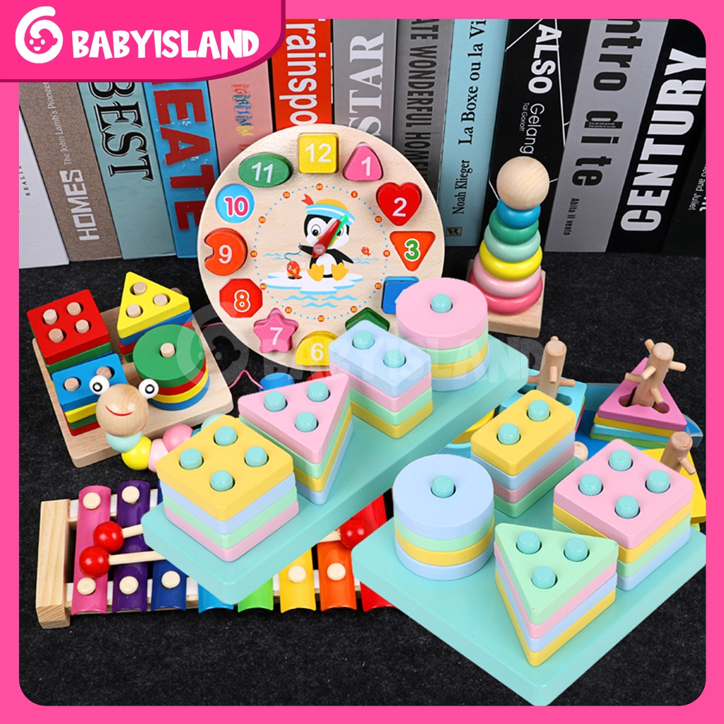 Montessori 3D Puzzle Stacking Warna Wooden Toy Matching Shape Mainan Mainan Anak 2 Tahun Puzzle Kayu