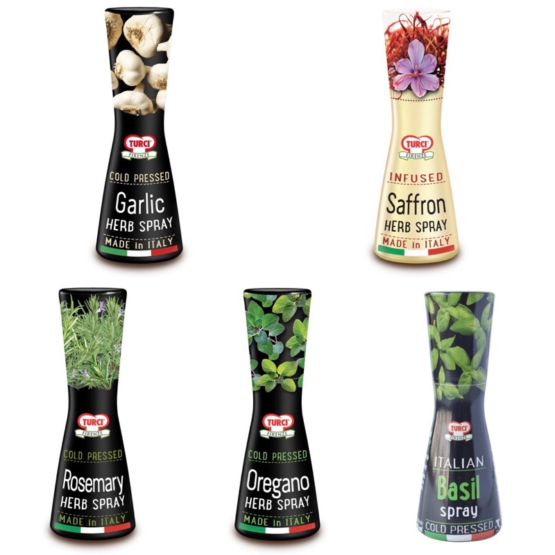

Turci Spray 40ml / Turci / Spray / Basil / Oregano / Rosemary / Saffron / Garlic / italian / Cold Pressed / bawang / Herbs / infused / bumbu / oil / minyak