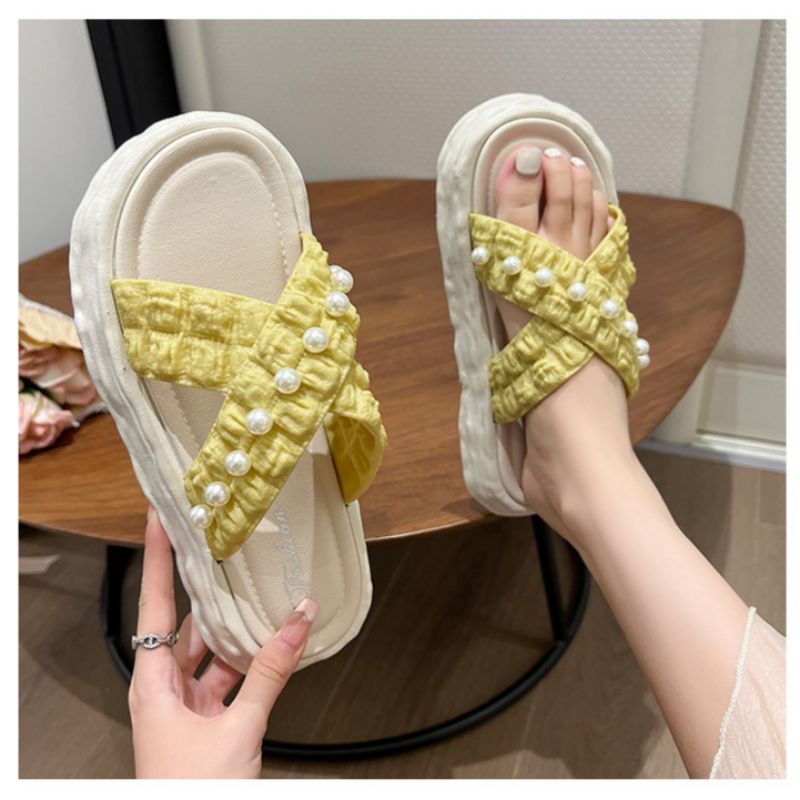 Sandal Wedges Wanita Platform Slop Cindy Silang Jelly karet Mutiara 000