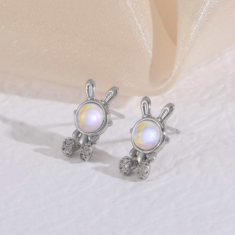 Korea Baru Moonstone Rabbit Earrings Mini Fashion Perak Kelinci Anting Wanita Tahun Baru Perhiasan Lucu