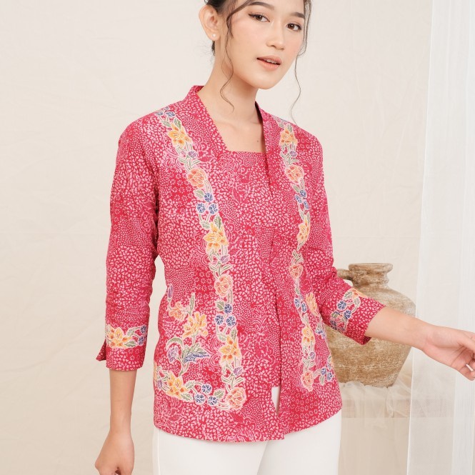 Kebaya Encim Batik Tanahan Lengan 7/8 Meradelima Katun Pink Merah