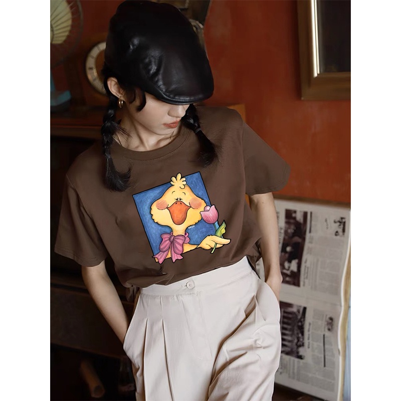 [chaoo.id]Kaos Couple Korean Style Oversize Duck Pattern Printing Lengan Pendek T-shirt Vintage Kaos Cream/baju atasan wanita