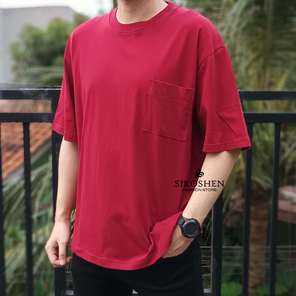 Kaos Oversize Hitam Polos Pria Bahan Tebal Saku Depan