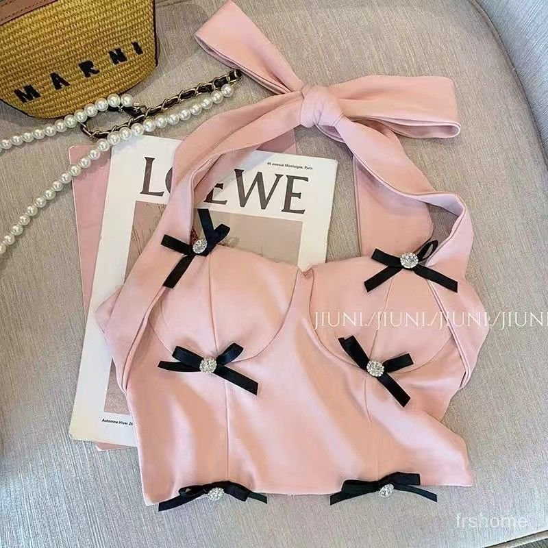 Busur manis pedas menggantung leher pendek atasan pendek wanita senior rasa Prancis 2022 pakaian dal