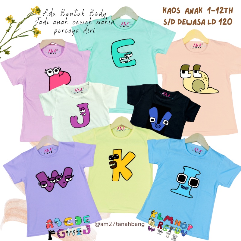 Kaos CEWEK Anak 3-12 tahun - Remaja - Dewasa Jumbo ALPHABET LORE - custom 1 huruf