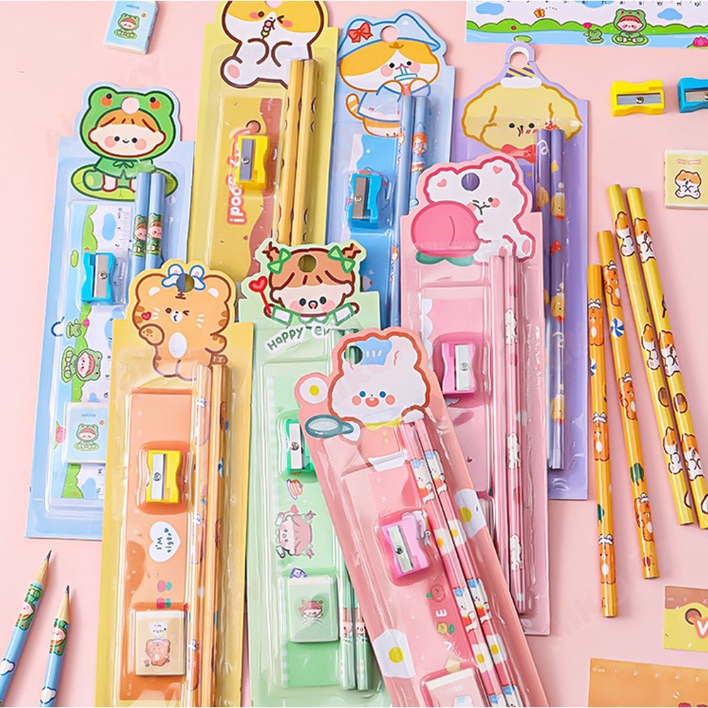 Aikoky Pensil Set Alat Tulis 5 in 1/Pensil Penghapus Stationary Set Anak