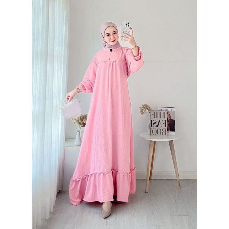 Gamis Shella Dress Lengan Panjang Resleting Depan gaun pesta Bahan Crinkle Airflow