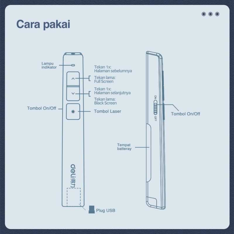 ( 100% BARANG ORI ) Deli Laser Pointer Presentasi Pen Slideshow USB Red Light 30 Meter - 2802