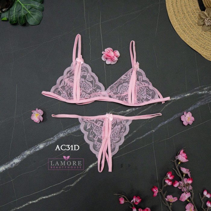 UNDERWEAR WANITA BRA CD G STRING + STOCKING SEXY LACE PINK AC31D IMPORT